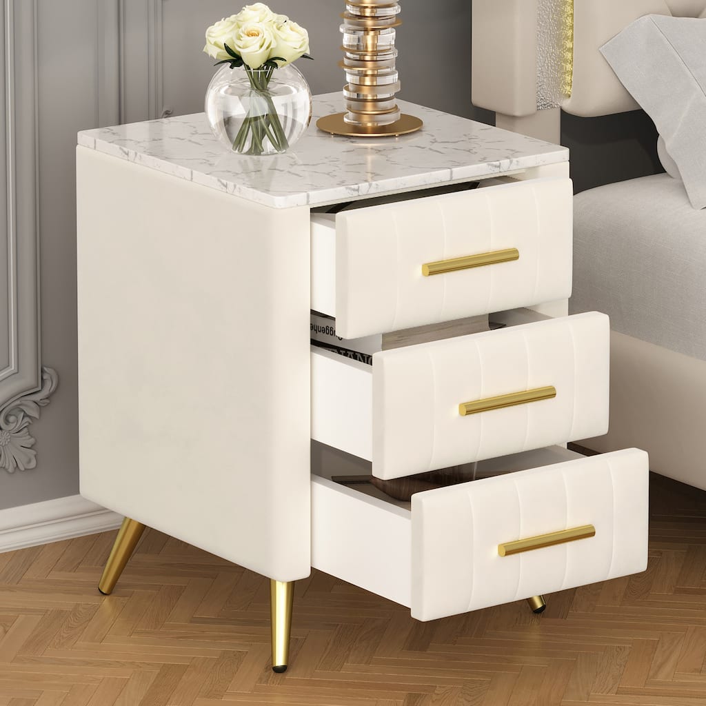 Velvet Upholstered Nightstand with Marble Top and Metal Legs, 3-Drawer Bedside Table