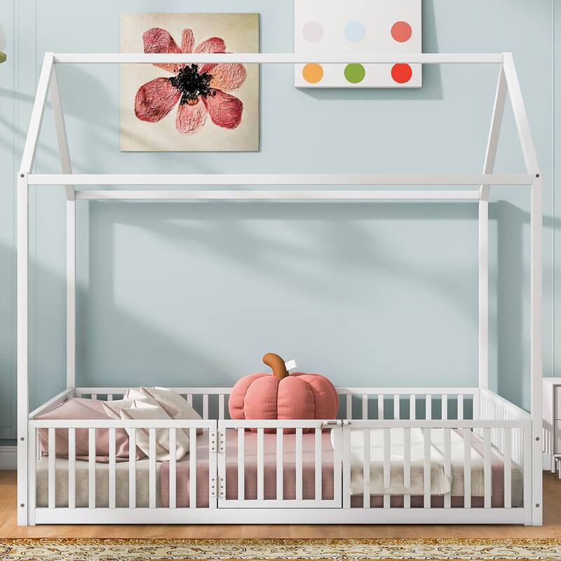 White Full Size Metal House Bed with Fence, Roof & Door