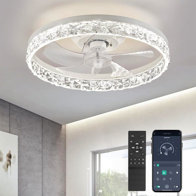 20 in. LED Indoor Black Crystal Flush Mount Ceiling Fan with Light Dimmable for Low Profile Kids Room - White