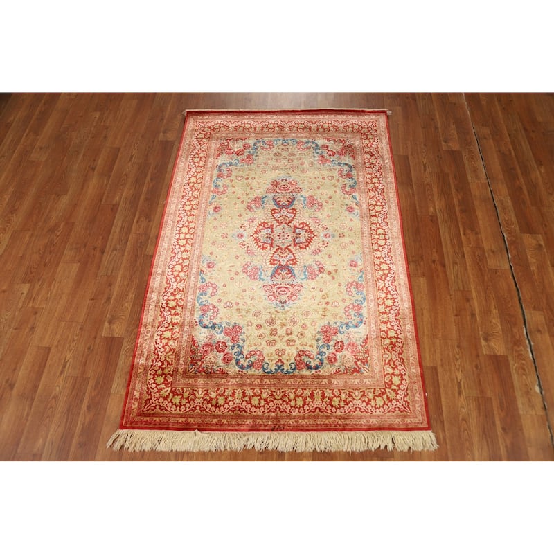 Gold Qum Persian Accent Rug Traditional Handmade Floral Silk Carpet - 3'3"x 5'0"