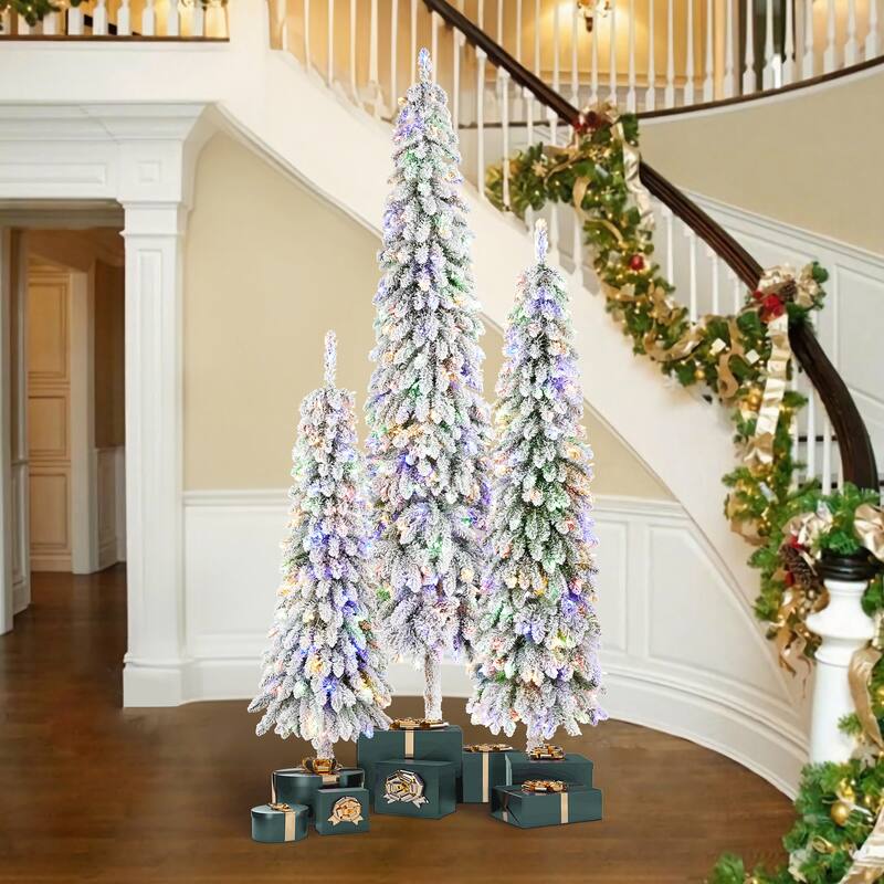 ﻿ Glitzhome 4.5/6/7.5 FT Pre-Lit Pencil Slim Artificial Christmas Tree with Snow Flocked Branches, Multicolored Lights and Base - Set of 3-4.5&6&7.5 FT