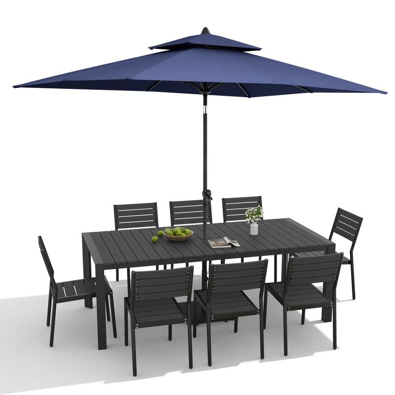 9/11-Piece Outdoor Dining Set Aluminum Table and Stackable Chairs w/10 ft Umbrella and Base