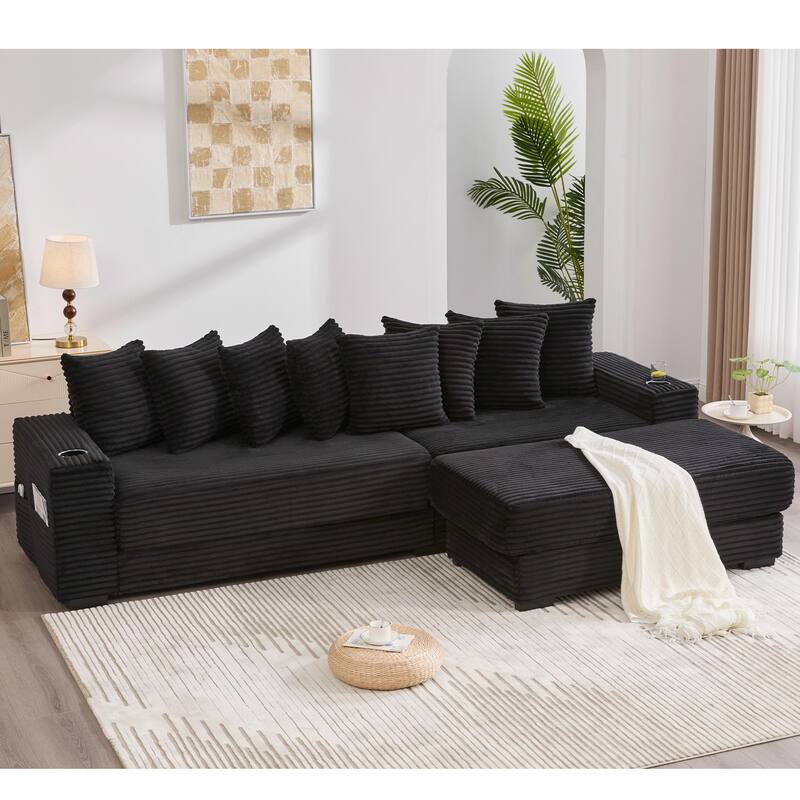 110.75" Corduroy Sectional Sofa, Convertible Sleeper Sofa Bed L-Shaped Upholstered Couch with Removable Footstool, Cup Holder