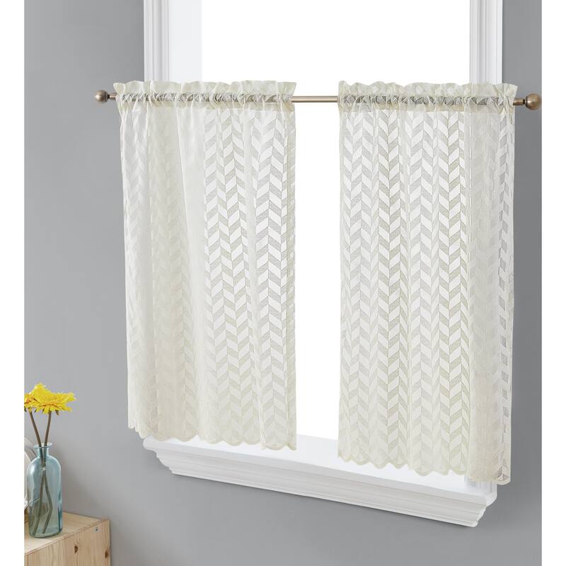 HLC.me Herringbone Lace Sheer Kitchen Cafe Curtain Tiers Swags Valance for Small Windows & Bathroom - Tiers - 30 W x 36 L per panel - Set of 2 - Beige