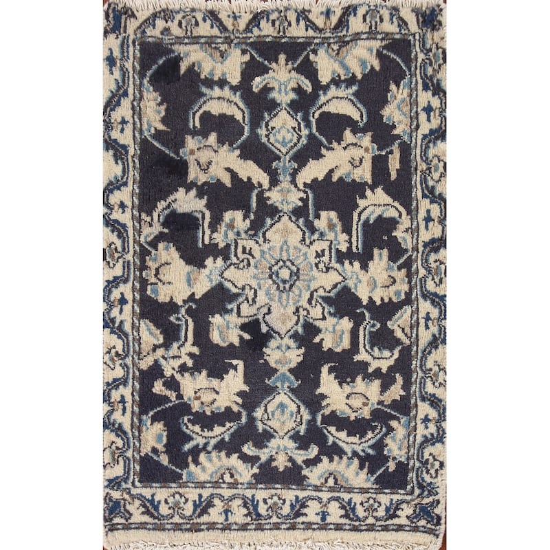 Blue Traditional Nain Persian Vintage Area Rug Handmade Wool Carpet - 1'9"x 2'10"