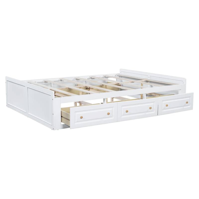 Queen Size Platform Bed Frame with 6 Storage Drawers, White