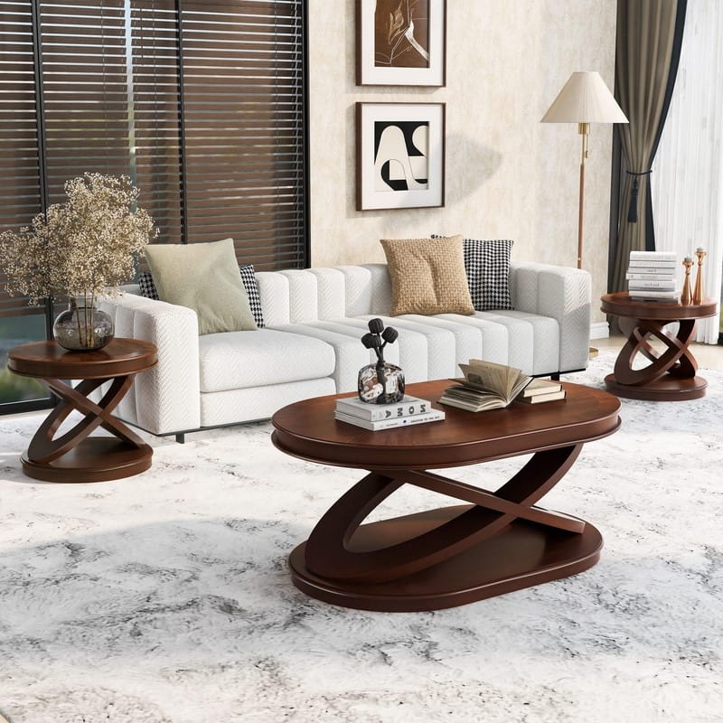 Retro 3-Piece Coffee Table Set with Solid Wood