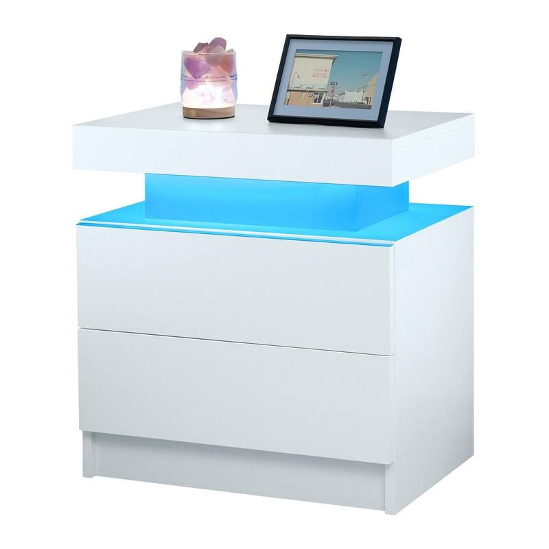 Nightstand LED Bedside Table Cabinet Lights Modern End Side with 2 Drawers for Bedroom