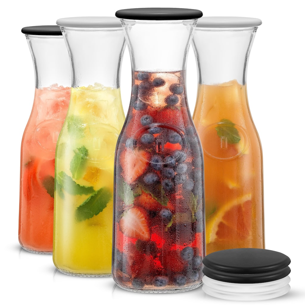 Hali Glass Carafe Bottle Pitcher with 8 Lids - 35 oz - Set of 4