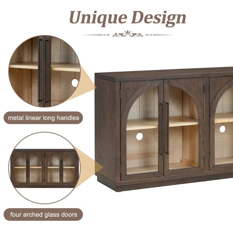 Retro Style Wood Buffet Sideboard with 4 Arched Glass Doors, Kitchen Storage Side Cabinet with Adjustable Shelves