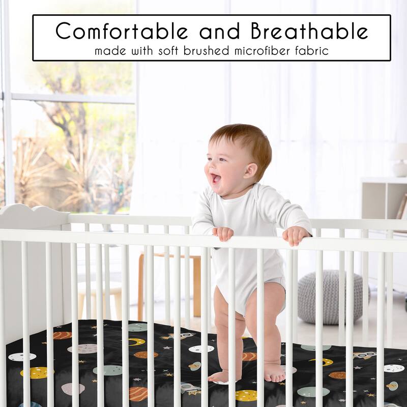 Sweet Jojo Designs Black Space Themed Boy Fitted Crib Sheet -Moon & Stars, Whimsical, Outerspace, Galaxy Planets, Rockets, Moons