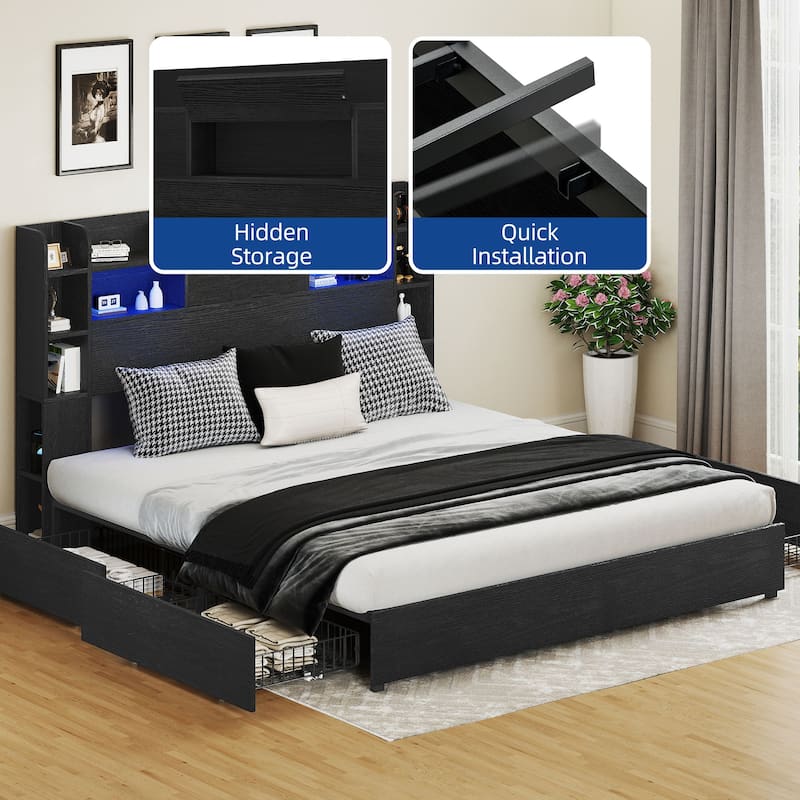 Queen/King Size LED Bed Frame with Bookcase Headboard, 4 Storage Drawers and Charging Station