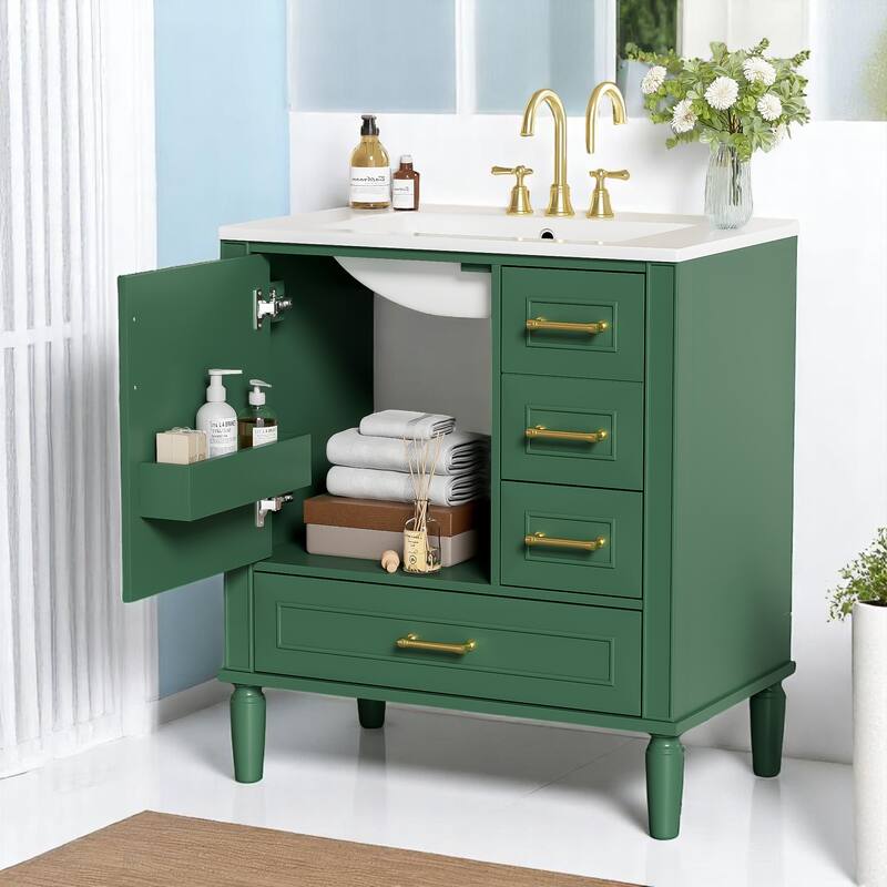 30" Bathroom Vanity with Sink, Freestanding Storage Cabinet with 3 Drawers, Soft-Close Door, Ceramic Basin,Bathroom Cabinet