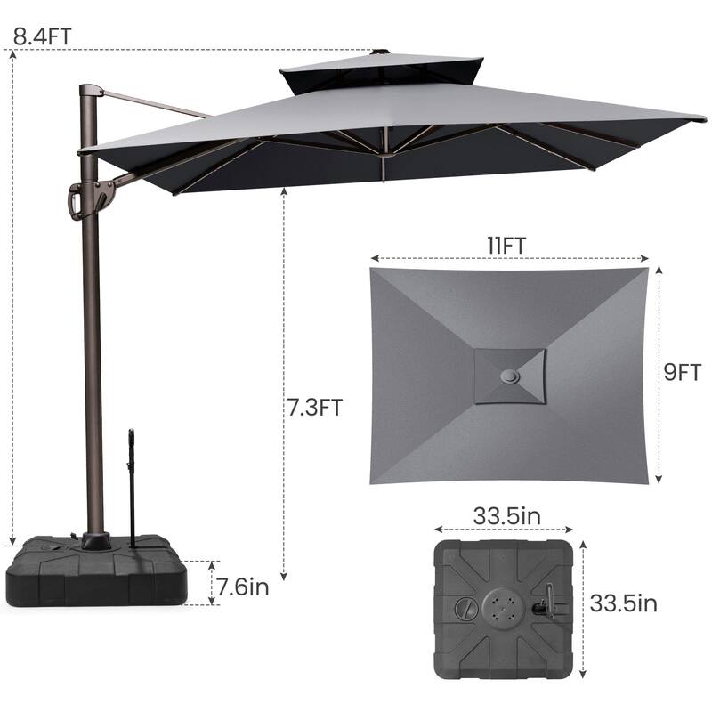 Outdoor 11 ft x 9 ft Aluminum Patio Cantilever Offset Umbrella with Base Stand