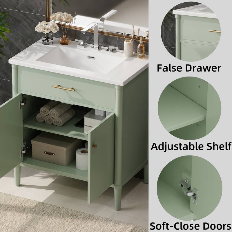 31" Bathroom Vanity with Sink, Soft-Close Doors, Adjustable Shelf & Rubber Wood Legs