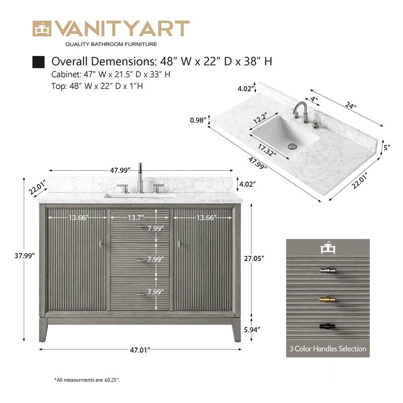 Vanity Art 48" Freestanding Bathroom Vanity with Engineered Marble Top and Sink