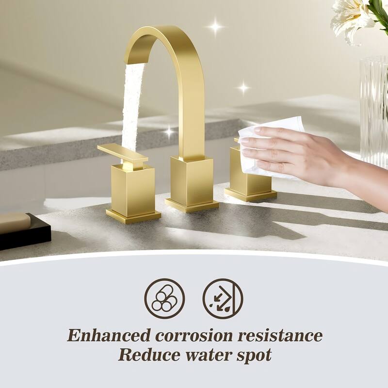 YASINU Bathroom Widespread Faucet, Waterfall Swivel Spout, Pop Up Drain