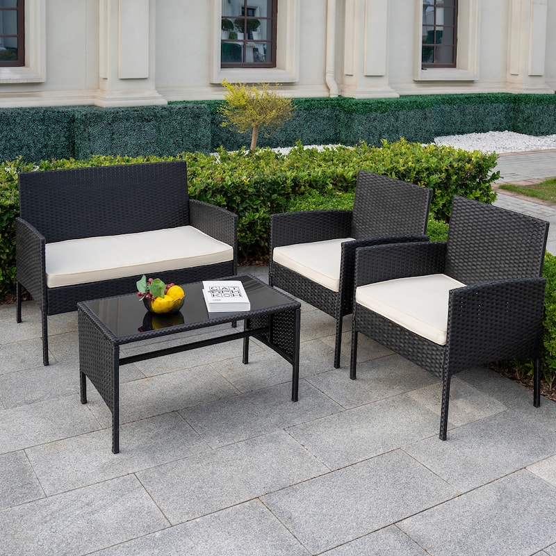 4 Piece Patio Conversation Wicker Furniture Set, Outdoor Rattan Sectional Furniture Set With Cushions for Yard Garden - Beige