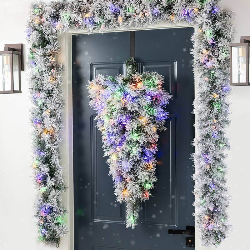 Glitzhome Pre-Lit Snow Flocked White/Greenery Pine Garland & Wreath & Teardrop