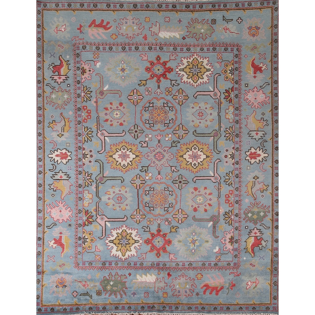 Transitional Blue Oushak Oriental Area Rug Handmade Floral Wool Carpet - 8'1"x 9'6"
