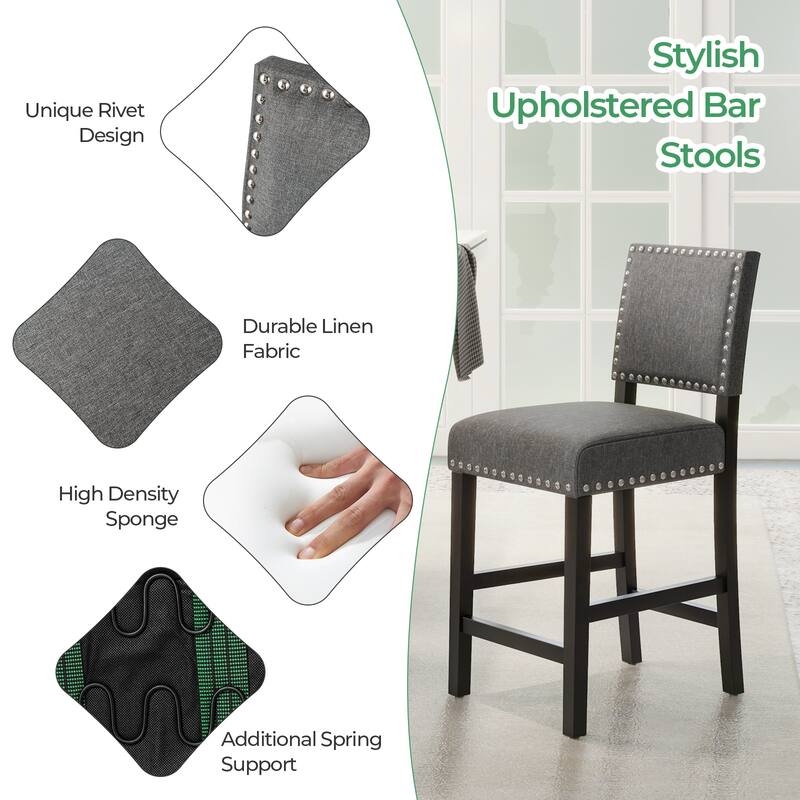 Set of 2 Counter Height Bar Stools with Footrest and Rubber Wood Frame Comfortable Seating