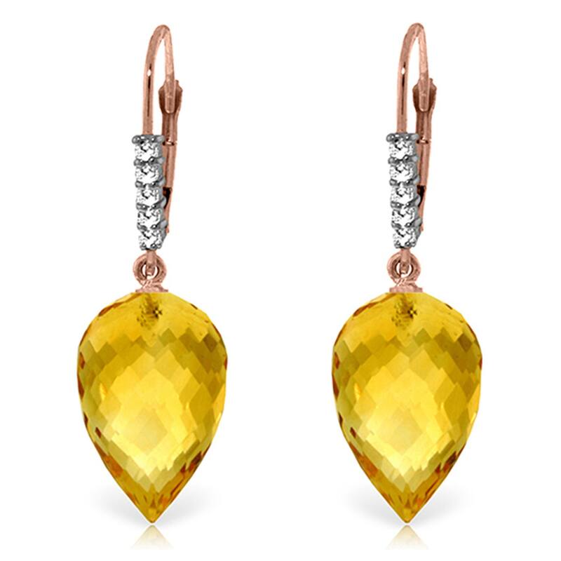19.15 Carat 14K Solid Gold Drop Briolette Citrine Diamond Earrings - Rose