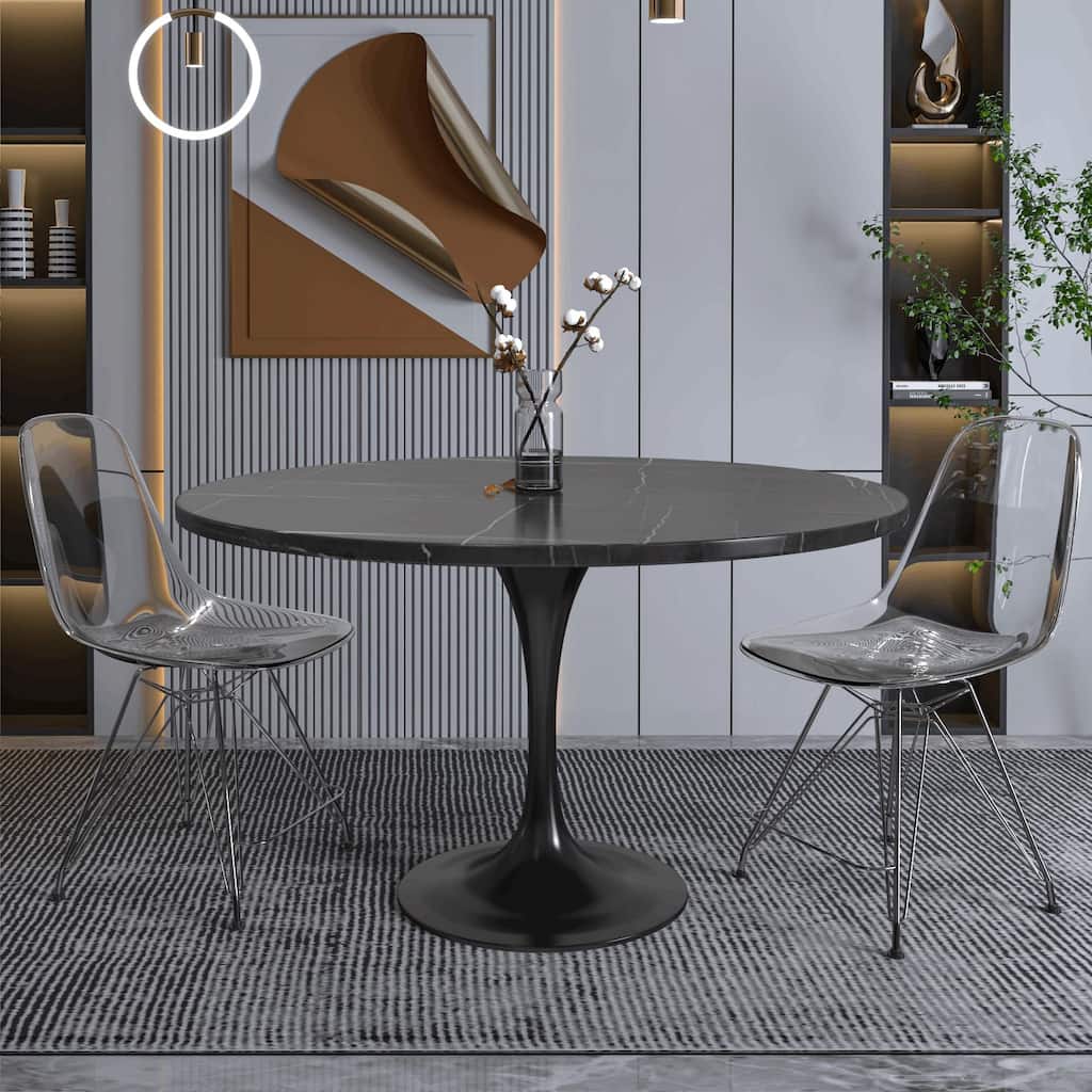 LeisureMod Verve 48" Round Dining Table with Sintered Stone TableTop and Sleek Black Base for Kitchen & Dining Room