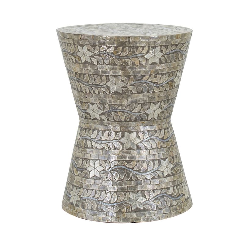 19 Inch Luxury Accent Table Stool, Star Foliage Pattern, Gray and Brown