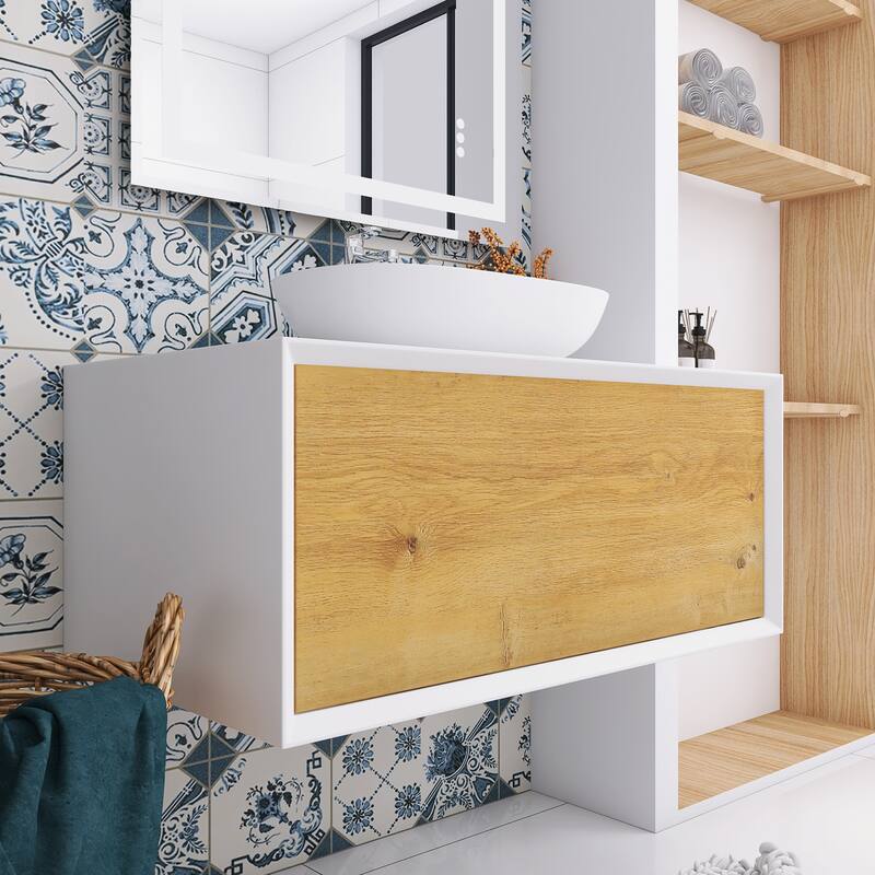 Floating Bathroom Vanity with Solid surface Top in F.OAK and Matte White