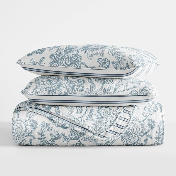 Becky Cameron All Season 3 Piece Jacobean/Stripe Reversible Quilt Set with Shams - Dusk Blue - Queen