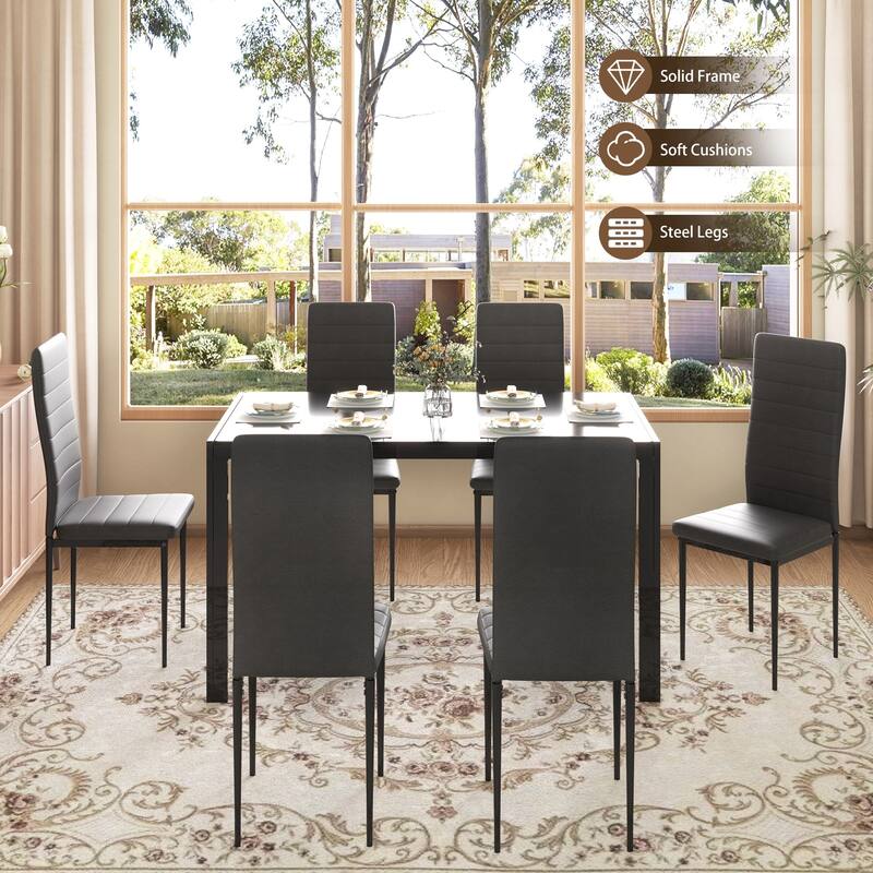 5/7-Piece Glass Top Dining Table Set, Kitchen Table and 4/6 Luxury Faux Leather Chairs, Home Furniture Rectangular Modern, Black