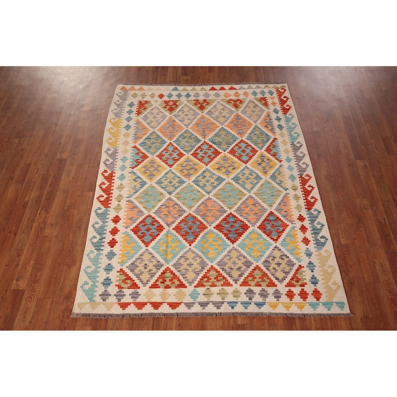 Reversible Kilim Oriental Area Rug Flatweave Wool Carpet - 5'1"x 6'6"