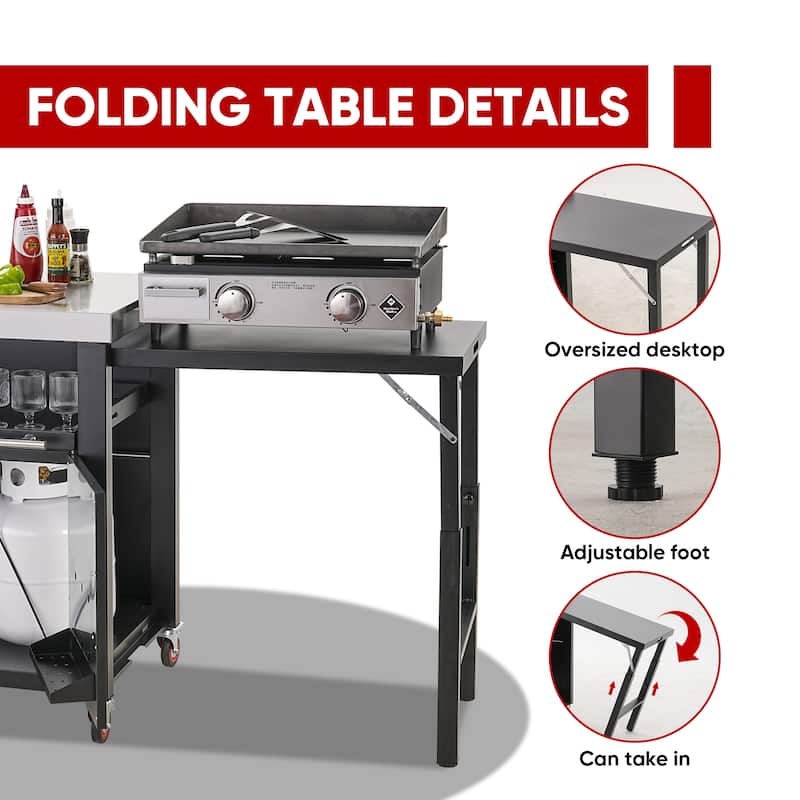 Feasto Grill Table, Outdoor Kitchen Island With 2 Foldable Side Tables, Stainless Steel Top For Outdoor Kitchen Cabinets