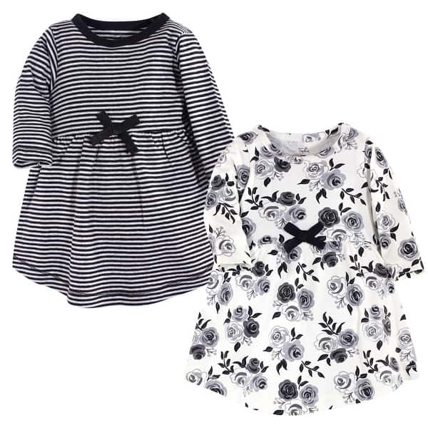 slide 1 of 1, Touched by Nature Baby Girl Organic Cotton Long-Sleeve Dresses 2pk, Black Floral 0-3 Months - Baby Toddler Black Floral Long Sleeve