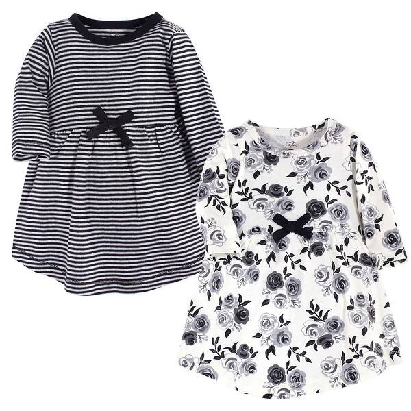 slide 1 of 1, Touched by Nature Baby and Toddler Girl Organic Cotton Long-Sleeve Dresses 2pk, Black Floral 2T - Baby Toddler Black Floral Long Sleeve