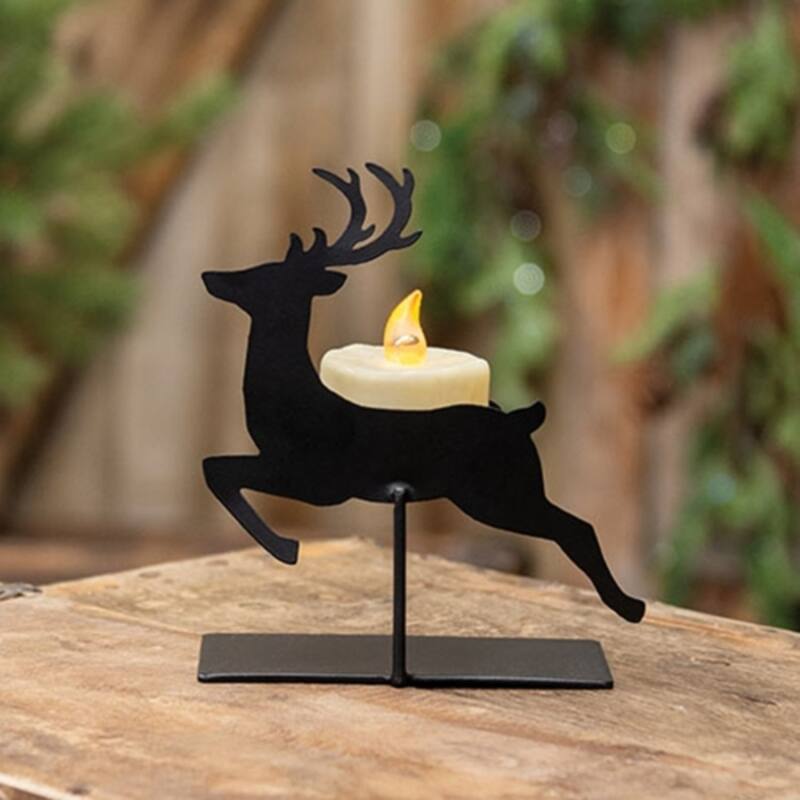 5.25"H Elevated Black Metal Reindeer Tealight Holder for Cozy Holiday and Seasonal Decoration - 5.25" H x 4.25" W x 2" D