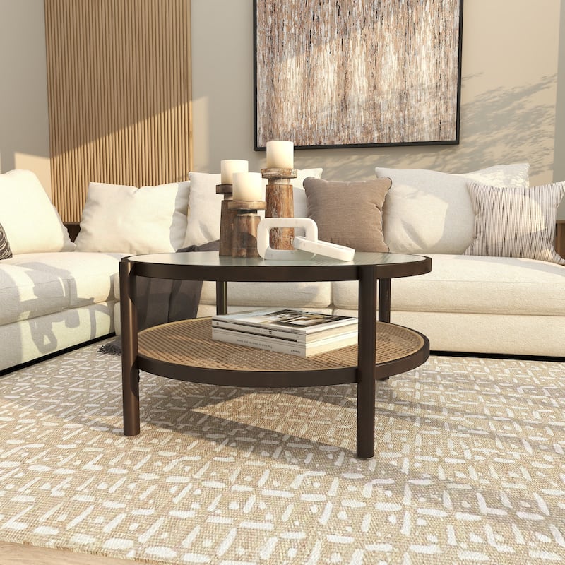 Rattan Living Room Coffee Table with Pressed Tempered Glass Top - Brown - Roche River Decor