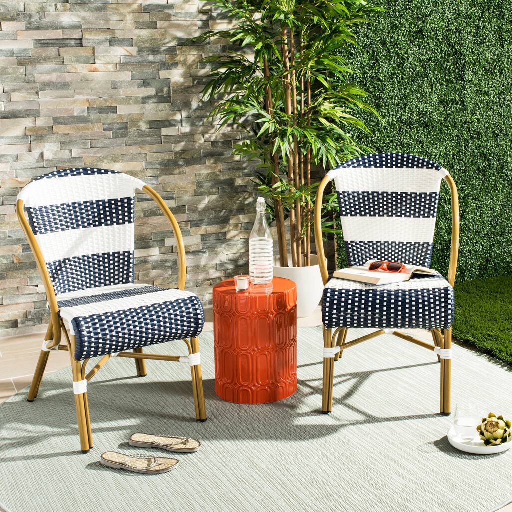 SAFAVIEH Sarita Outdoor Parisian Bistro Stacking Navy/White Striped Side Chair (Set of 2) - 21"W x 25"D x 34"H