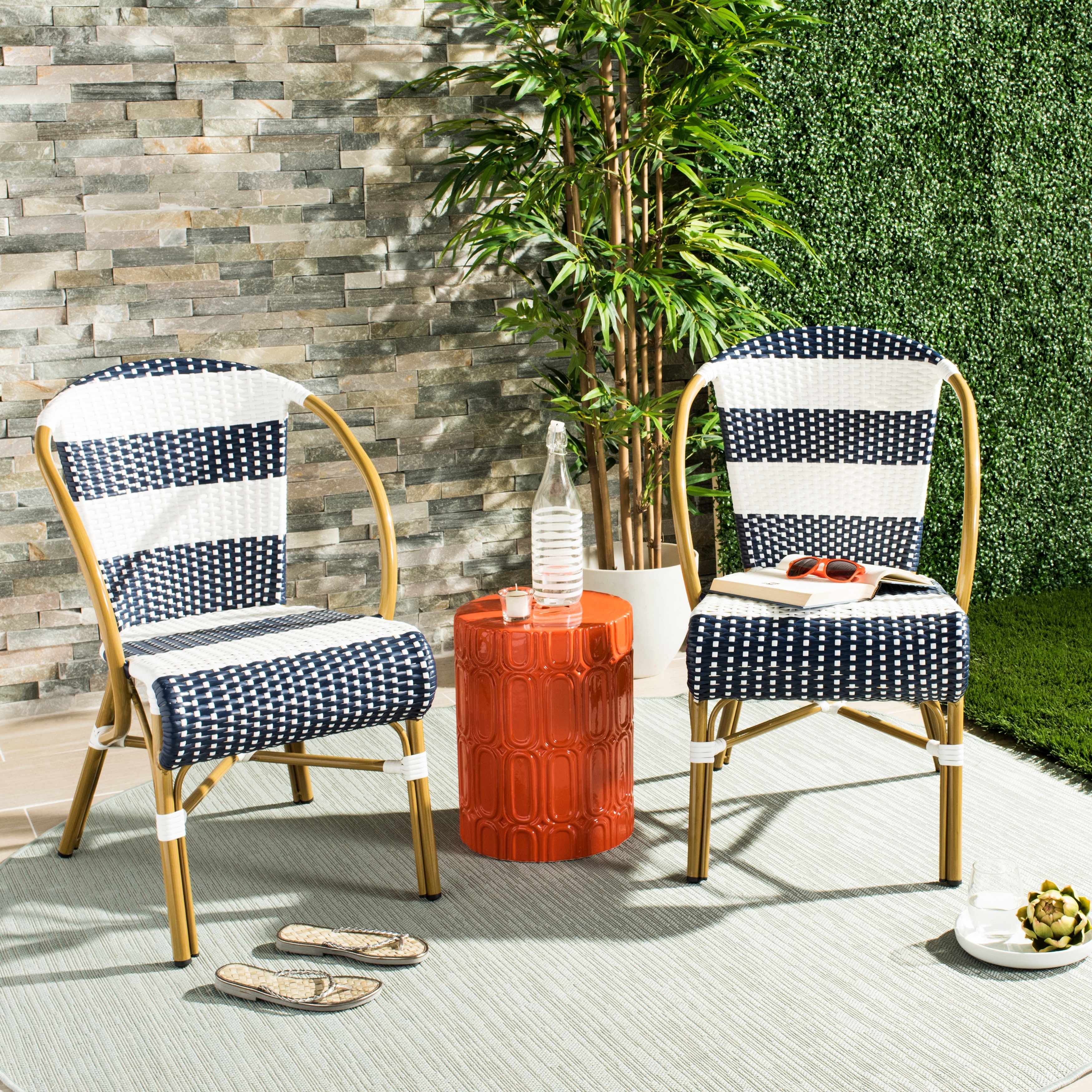 SAFAVIEH Sarita Outdoor Parisian Bistro Stacking Navy White Striped Side Chair Set of 2 20.5 W x 24.5 D x 33.5 H Bed Bath Beyond 18118252