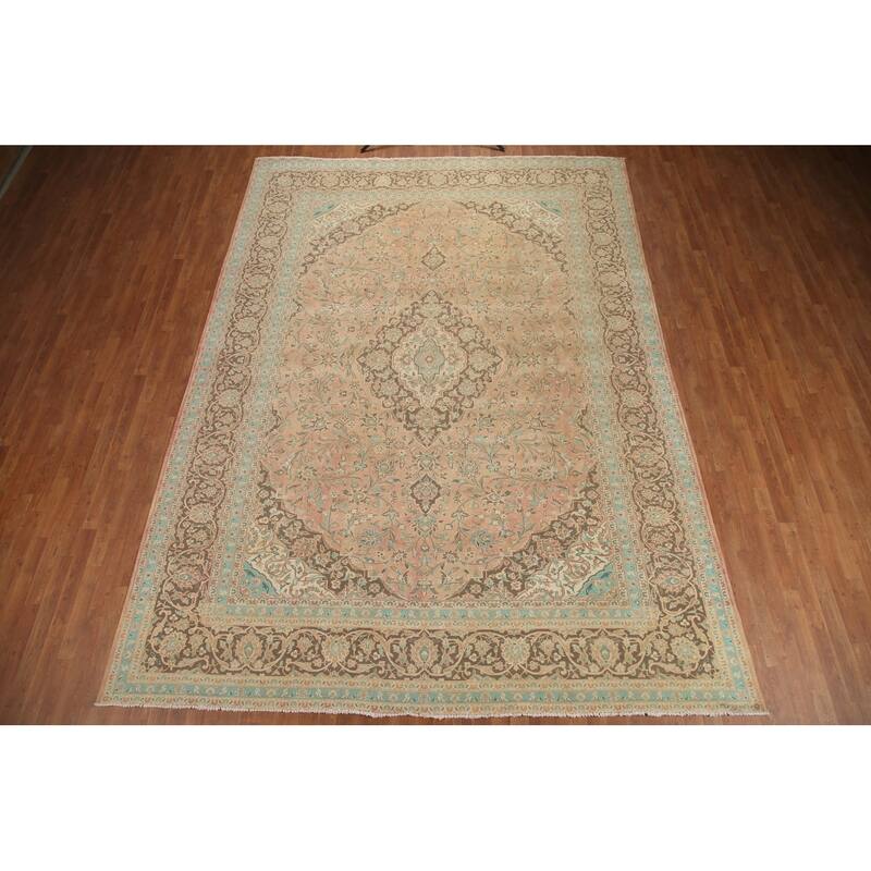 Hand Knotted Oriental 100% Wool Carpet Traditional Floral Coral Mashad Area Rug - 13' 0'' X 9' 5''