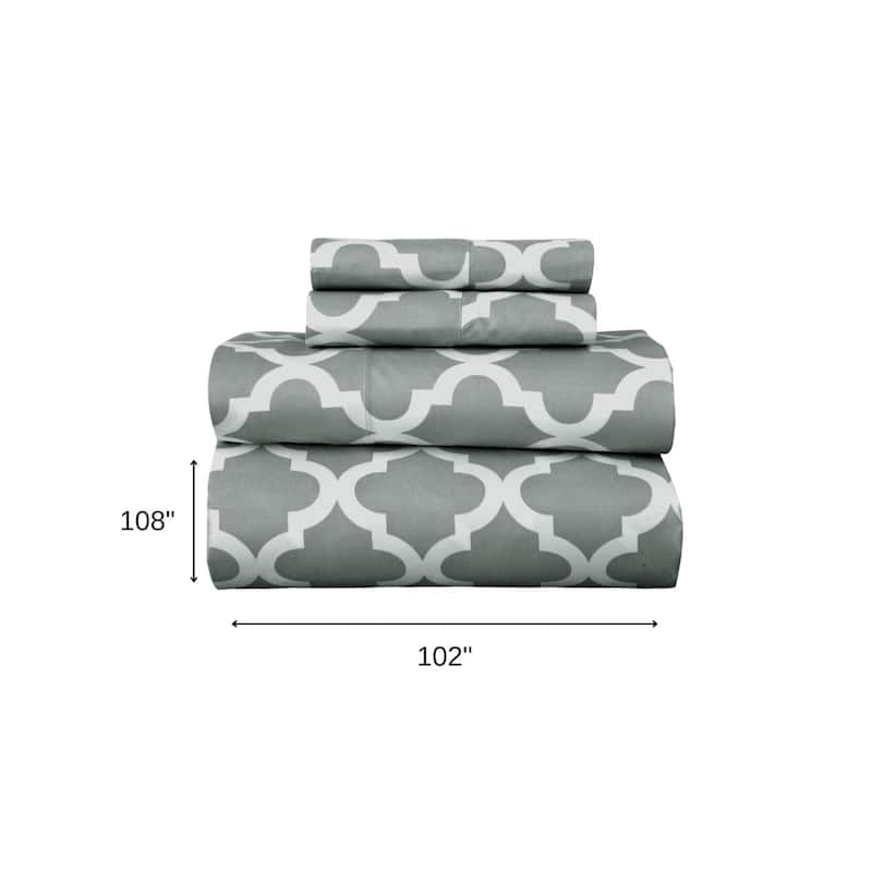 Four Piece Gray and White Quatrefoil Microfiber California King Sheet Set