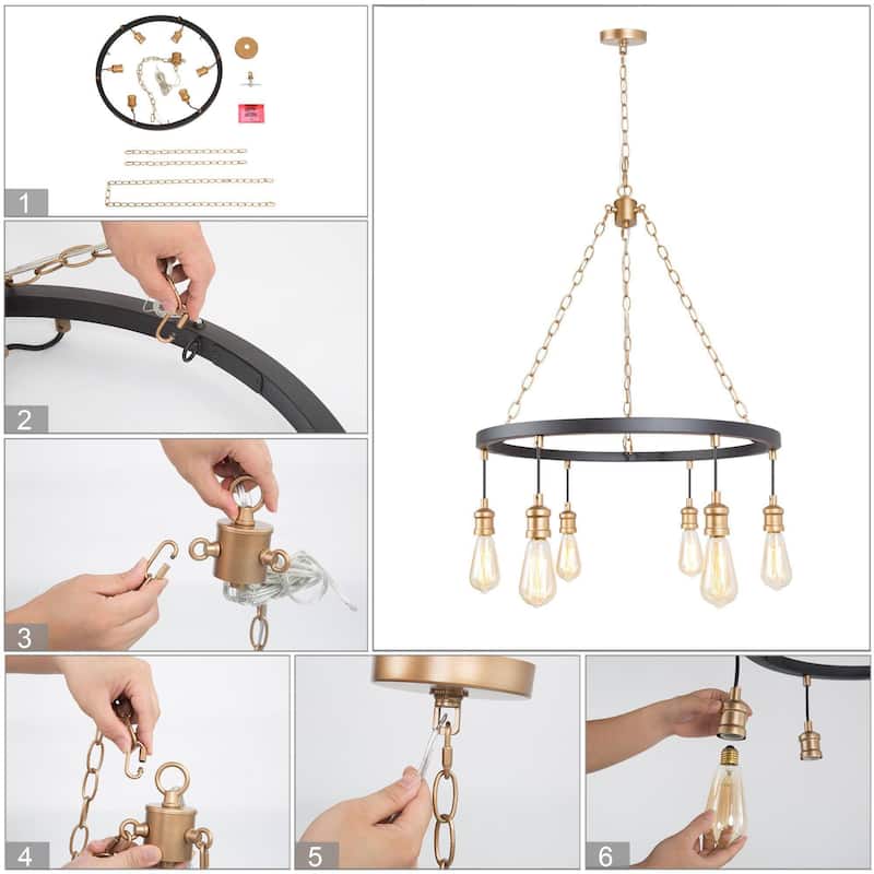 Mid-Century Modern 6-Light Wagon Wheel Chandelier for Bedroom Dining Room