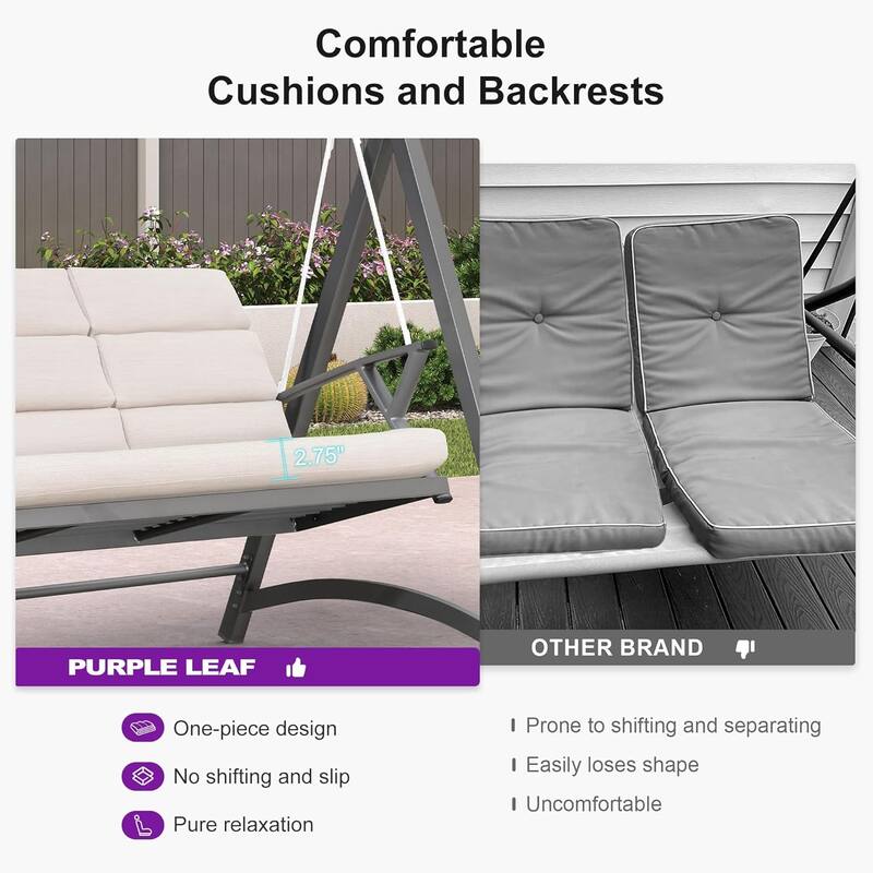 PURPLE LEAF 2-Person Patio Porch Swing with PVC Canopy, Solar LED Lights & Cushions - 2 Seat