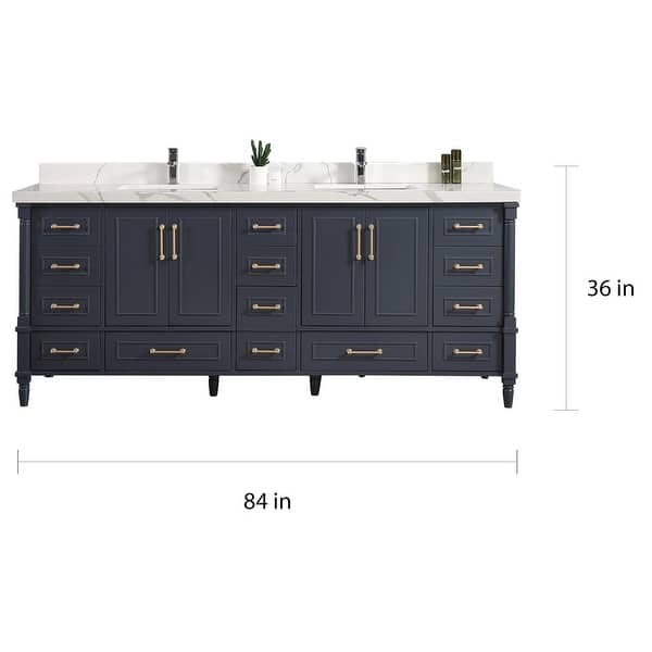 Willow Collection 84 in W x 22 in D x 36 in H Aberdeen Double Bowl Sink Bathroom Vanity with Countertop