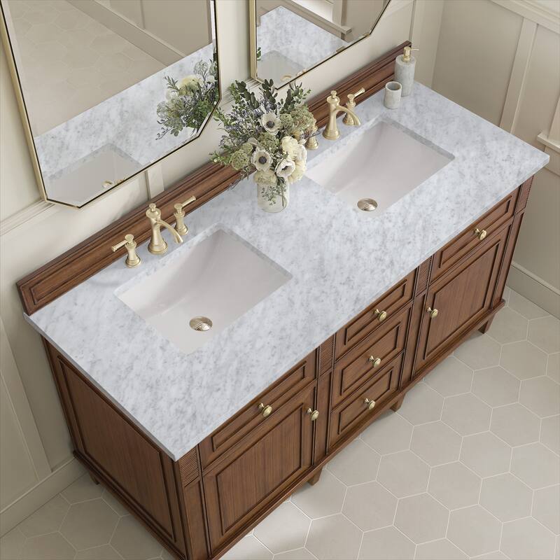 James Martin Vanities Lorelai 60" Double Vanity, Mid-Century Walnut - Carrara White