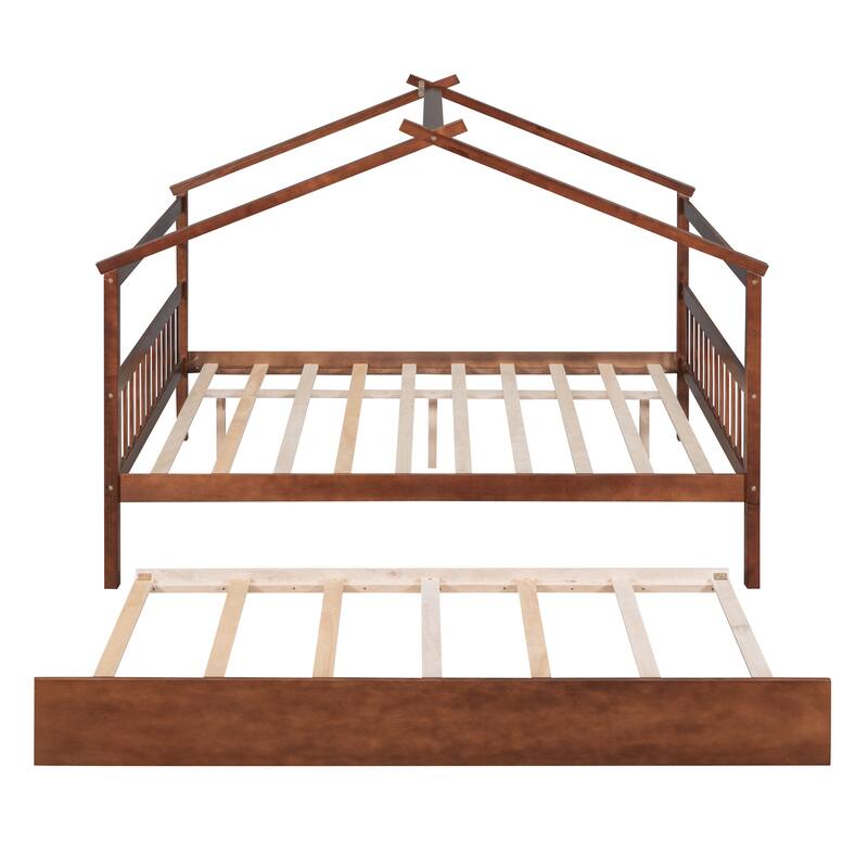 Wooden House Bed with Twin Size Trundle