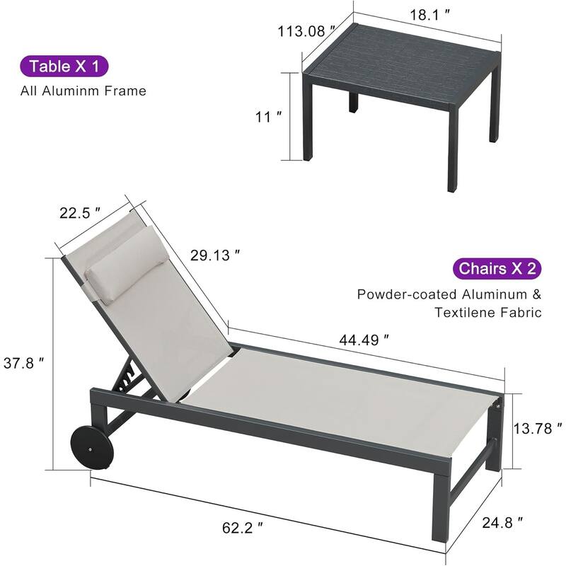 PURPLE LEAF Lounge Chair Set for Outside Aluminum Patio Recliner with Side Table and Pillow Beach Sunbathing Tanning Chairs
