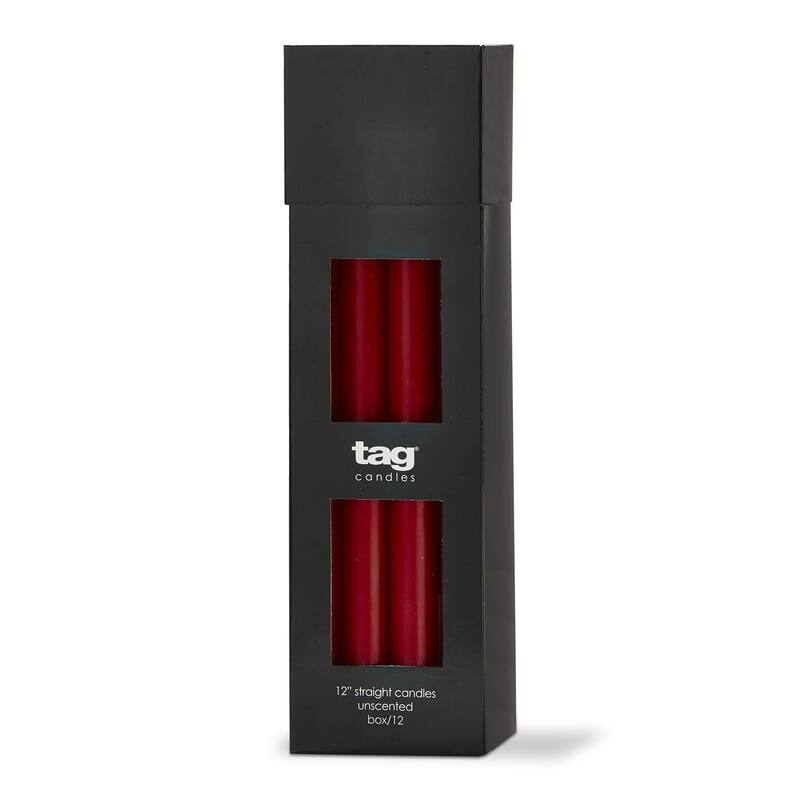 Color Studio 12" Straight Taper Unscented Smokeless Paraffin Wax Candle Red, Burn Time 12 hrs. Set 12