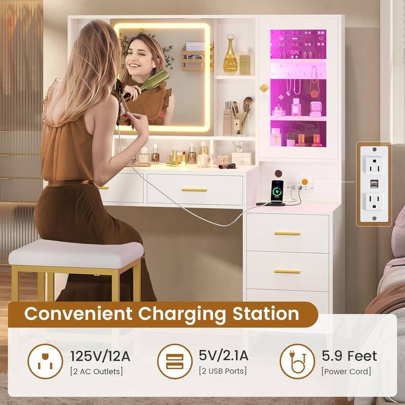 Makeup Vanity with Stool Charging Station Jewelry Storage RGB Lights 5 Drawers Shelves