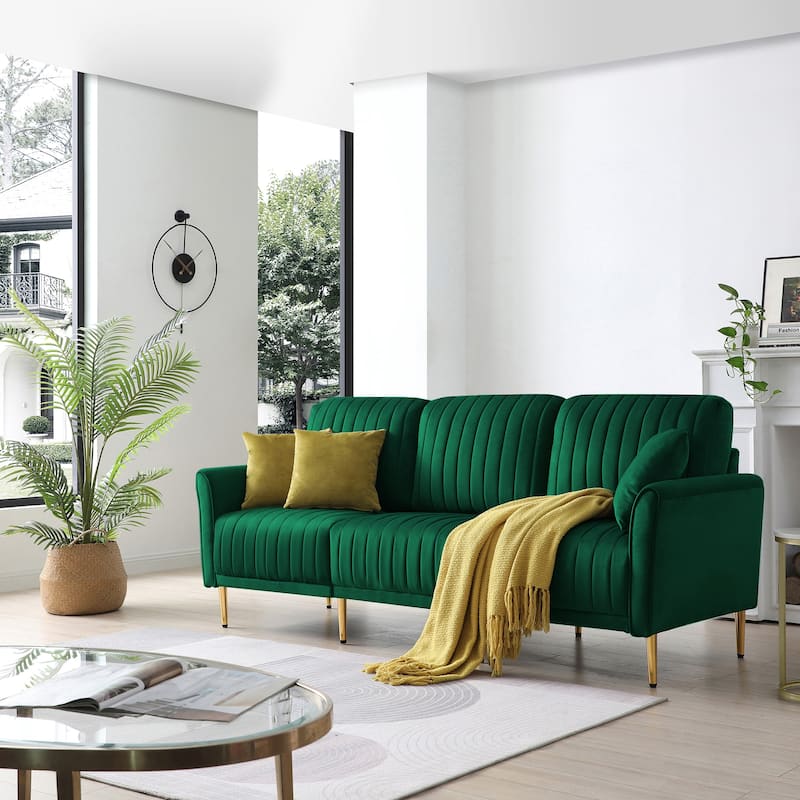 3-Seat Sofa Velvet Upholstered Living Room Tufted Back Couch Sofa with Reversible Cushions and Metal Legs, Includes Pillows